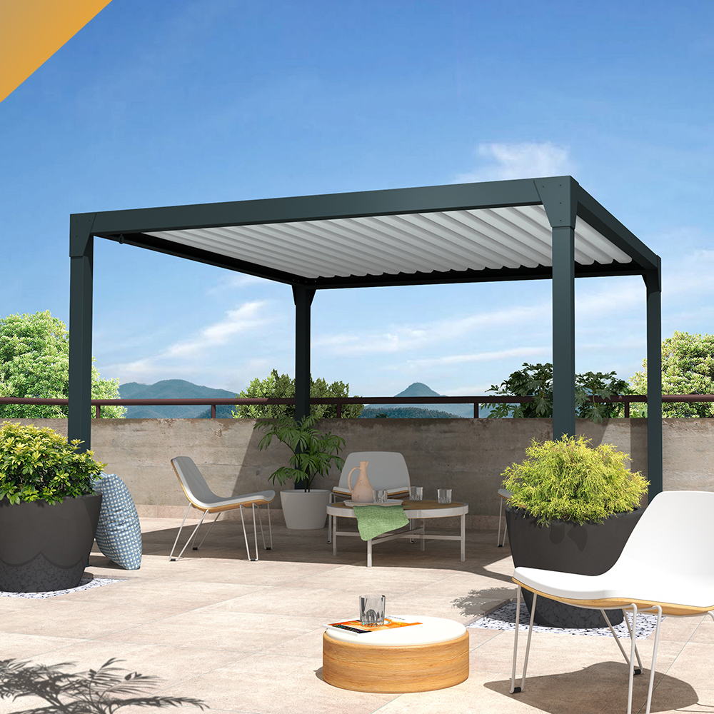 Pergola Bioclimatique BERYL Ilot - Mixte Gris Anthracite/Blanc - Vérin à Télécommande sur-mesure INTERSUN - 1