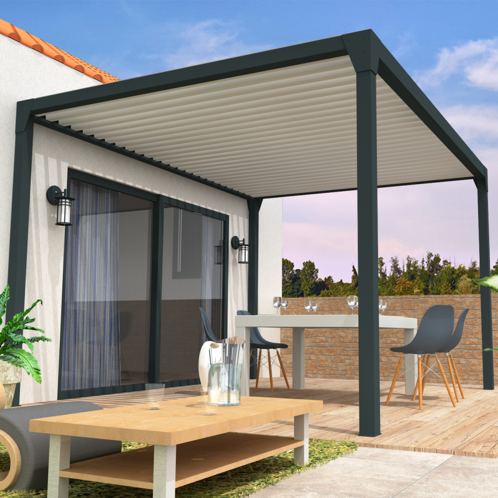 Pergola bioclimatique BERYL Îlot – 3,50x4,00 M – Mixte Gris anthracite/Blanc – Vérin à télécommande INTERSUN - 2