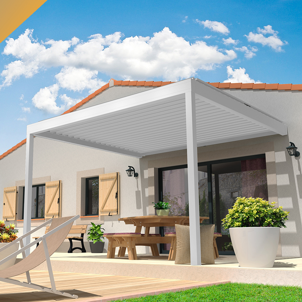 Pergola bioclimatique LOLITE – Lames parallèles – Coloris armature et lames : Blanc satiné RAL9010